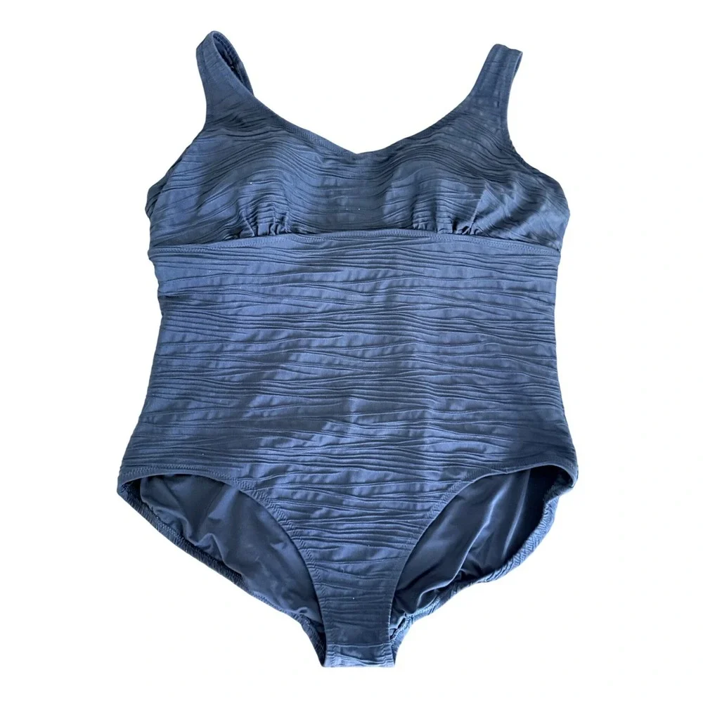 Lands End Women 20W/L Black‎ Ripple Textured One Piece Swimsuit Built-in Bra